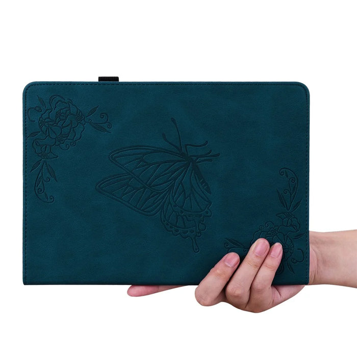 Anti-drop Tablet Case for Nokia T20 PU Leather Butterfly Flower Imprinted Card Holder Stand Cover - Dark Blue - 5