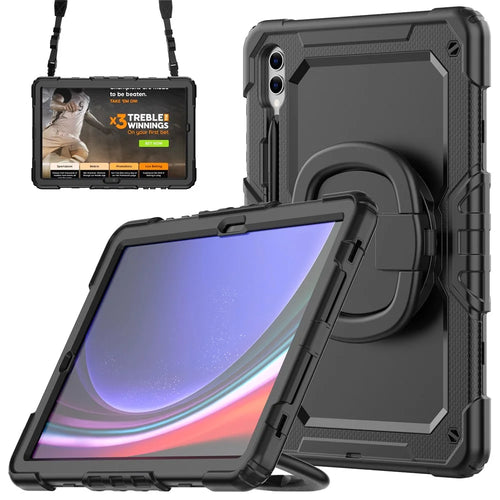 For Samsung Samsung Galaxy Tab S10+ / S9+ SM-X810 / X816B / X818U PC+Silicone Tablet Case Hand Grip Kickstand Cover with Shoulder Strap - Black - 1