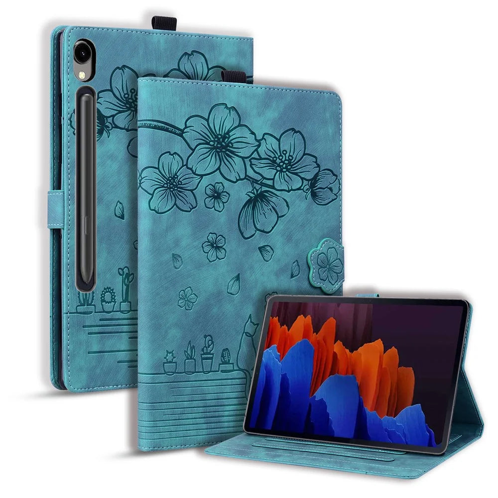 For Samsung Galaxy Tab S9 Card Holder Leather Anti-drop Cover Flower Cat Imprint Tablet Stand Case - Green - 1