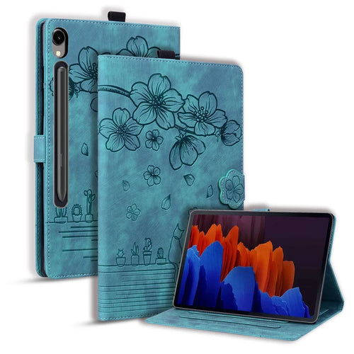 For Samsung Galaxy Tab S9 Card Holder Leather Anti-drop Cover Flower Cat Imprint Tablet Stand Case - Green - 1