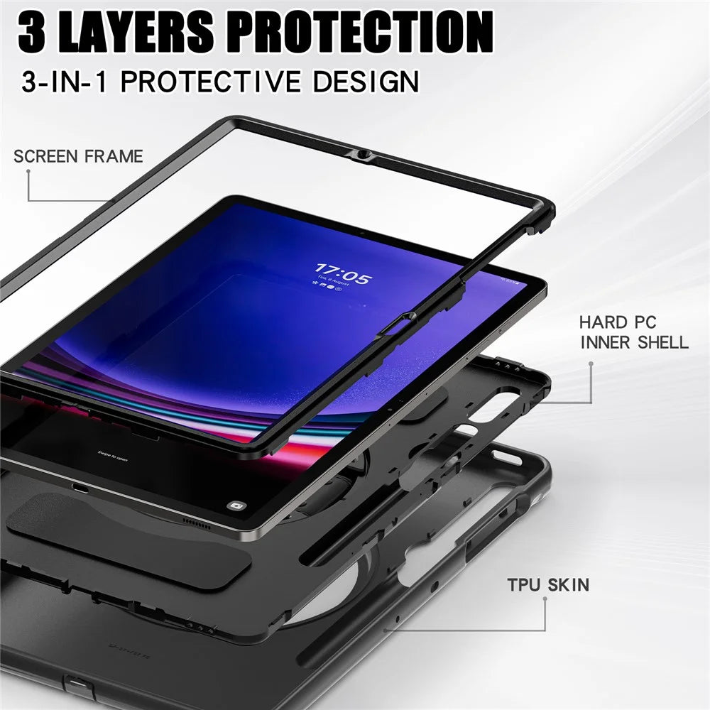 For Samsung Galaxy Tab S9 FE+ / S7+ T970 / Tab S7 FE T730 / Tab S8+ X800 / Tab S9+ X810 Case Pen Holder PC+TPU Tablet Kickstand Cover - Black - 7