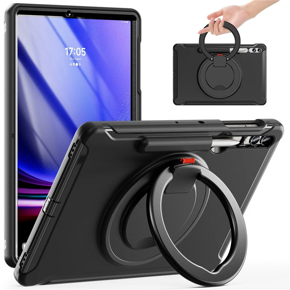 For Samsung Galaxy Tab S10+ X826 / S9 FE+ / S7+ T970 / Tab S7 FE T730 / Tab S8+ X800 / Tab S9+ X810 Case PC+TPU Rotating Kickstand Tablet Cover with Pen Holder - Black - 1