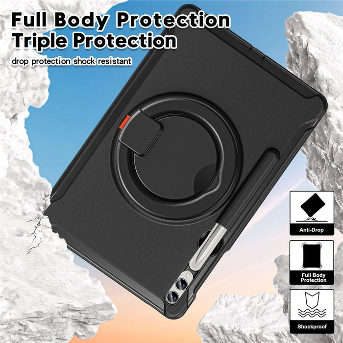 For Samsung Galaxy Tab S10+ X826 / S9 FE+ / S7+ T970 / Tab S7 FE T730 / Tab S8+ X800 / Tab S9+ X810 Case PC+TPU Rotating Kickstand Tablet Cover with Pen Holder - Black - 6