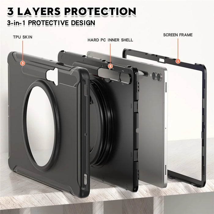 For Samsung Galaxy Tab S10+ X826 / S9 FE+ / S7+ T970 / Tab S7 FE T730 / Tab S8+ X800 / Tab S9+ X810 Case PC+TPU Rotating Kickstand Tablet Cover with Pen Holder - Black - 7