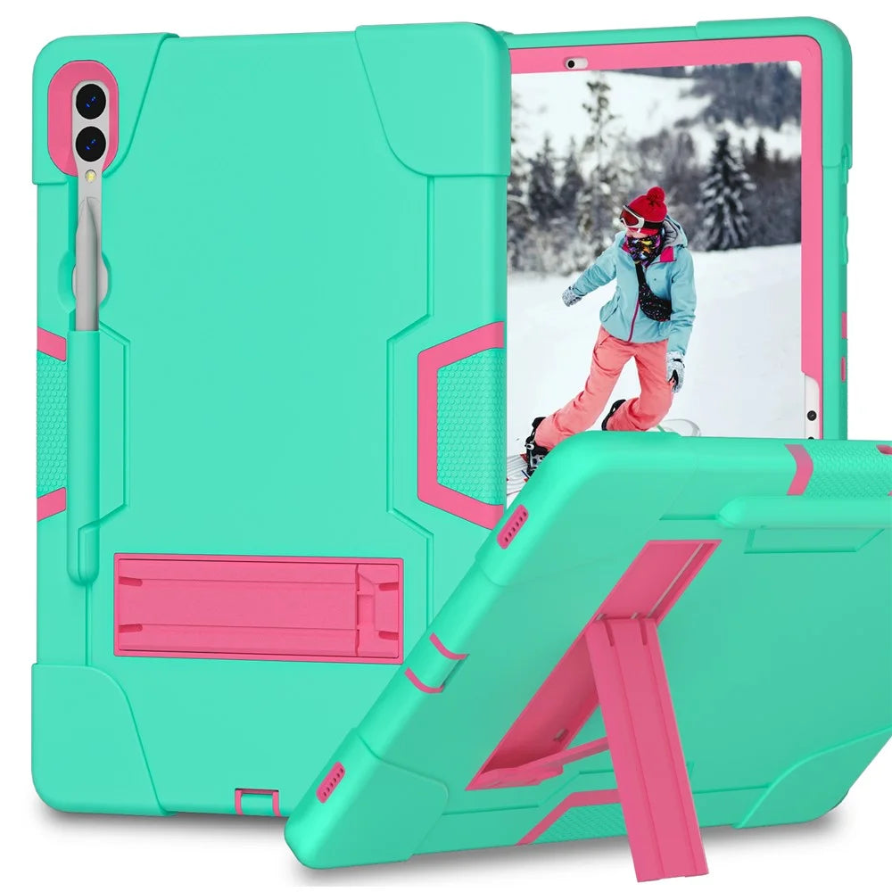 Robot Style Tablet Case for Samsung Galaxy Tab S9+ , Kickstand Dual Color Silicone + PC Tablet Cover - Mint Green / Rose Red - 1