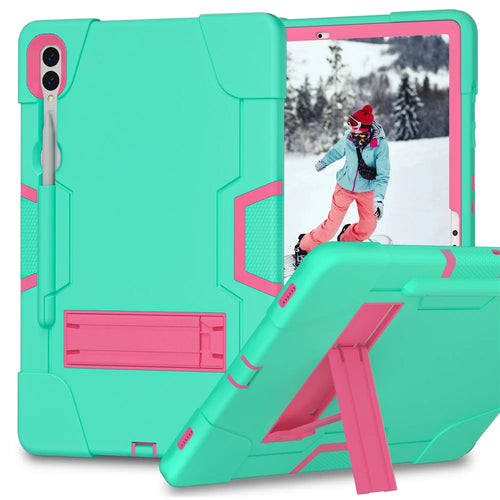 Robot Style Tablet Case for Samsung Galaxy Tab S9+ , Kickstand Dual Color Silicone + PC Tablet Cover - Mint Green / Rose Red - 1