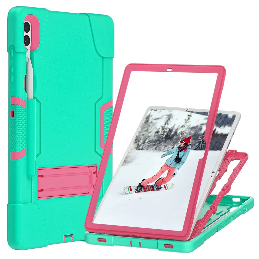 Robot Style Tablet Case for Samsung Galaxy Tab S9+ , Kickstand Dual Color Silicone + PC Tablet Cover - Mint Green / Rose Red - 2