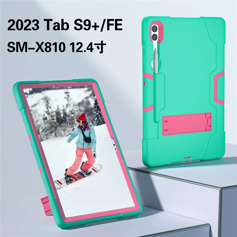 Robot Style Tablet Case for Samsung Galaxy Tab S9+ , Kickstand Dual Color Silicone + PC Tablet Cover - Mint Green / Rose Red - 3