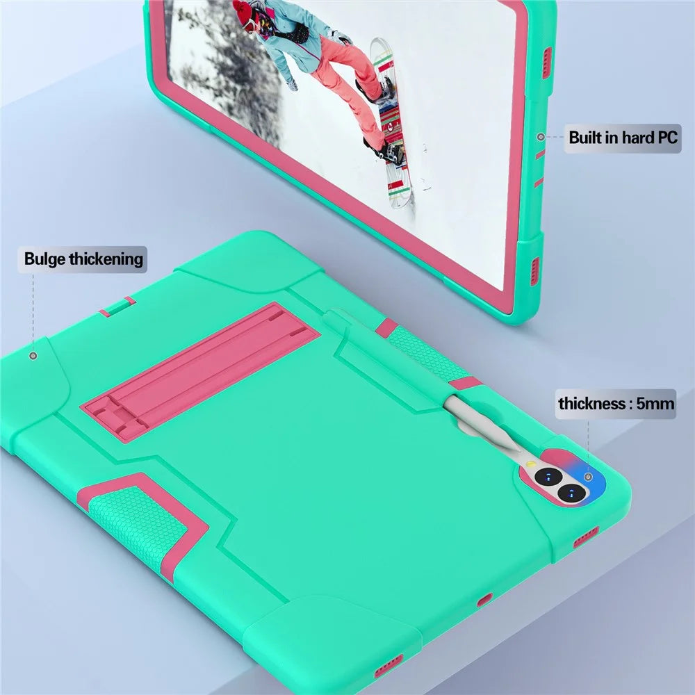 Robot Style Tablet Case for Samsung Galaxy Tab S9+ , Kickstand Dual Color Silicone + PC Tablet Cover - Mint Green / Rose Red - 6