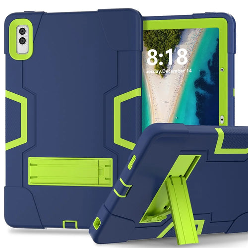 Kickstand Tablet Case for Lenovo Tab M10 5G , Robot Style Dual Color Silicone + PC Anti-drop Cover - Navy Blue / Yellow Green - 1