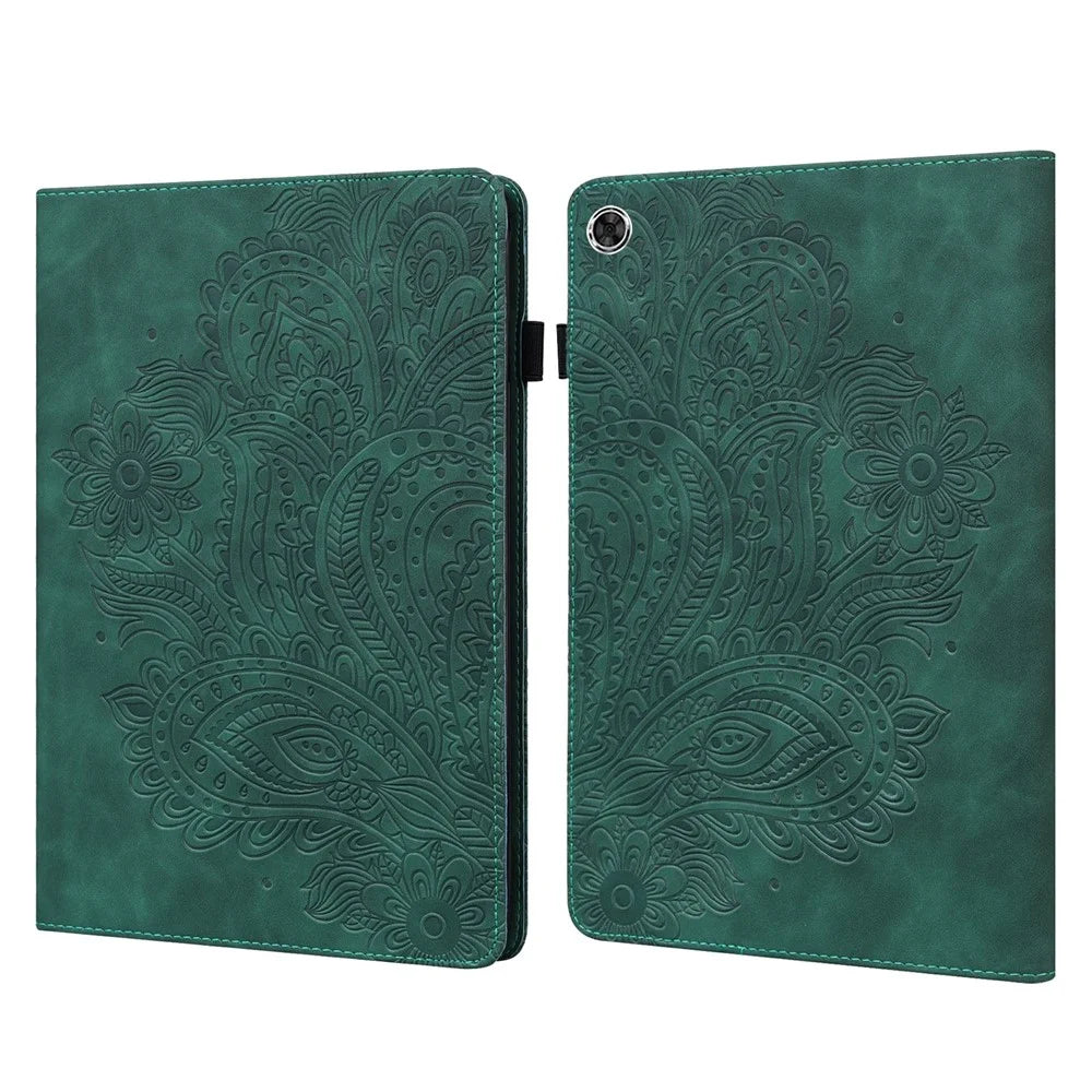 For Samsung Galaxy Tab A11 / A9 Case Flower Imprint Tablet Stand Cover - Green - 1