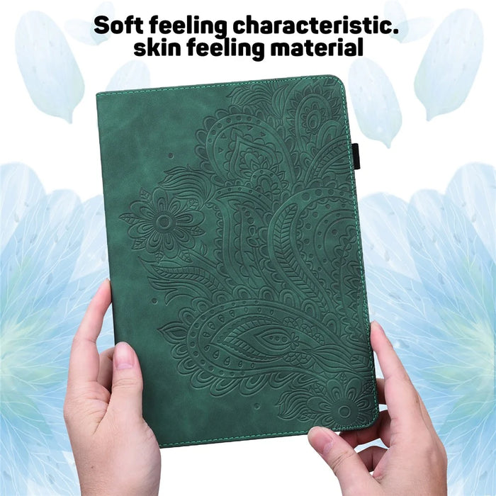For Samsung Galaxy Tab A11 / A9 Case Flower Imprint Tablet Stand Cover - Green - 4