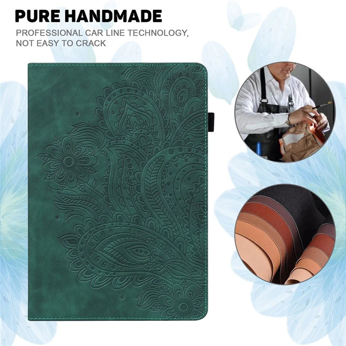 For Samsung Galaxy Tab A11 / A9 Case Flower Imprint Tablet Stand Cover - Green - 5