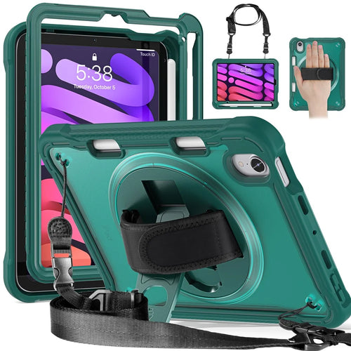 For iPad mini (2024) / mini (2021) Tablet Case PC+TPU Kickstand Cover with Shoulder Strap / Hand Strap - Midnight Green - 1