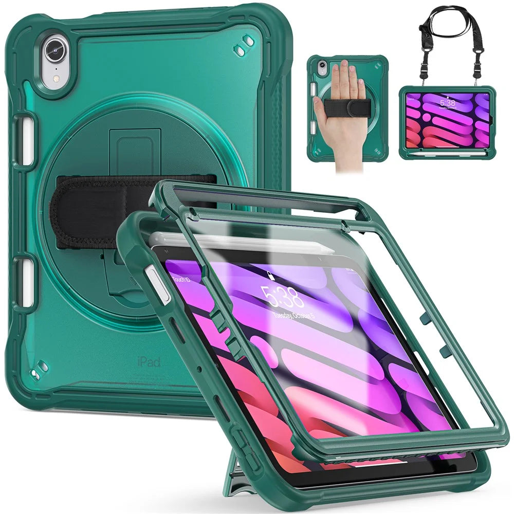 For iPad mini (2024) / mini (2021) Tablet Case PC+TPU Kickstand Cover with Shoulder Strap / Hand Strap - Midnight Green - 2