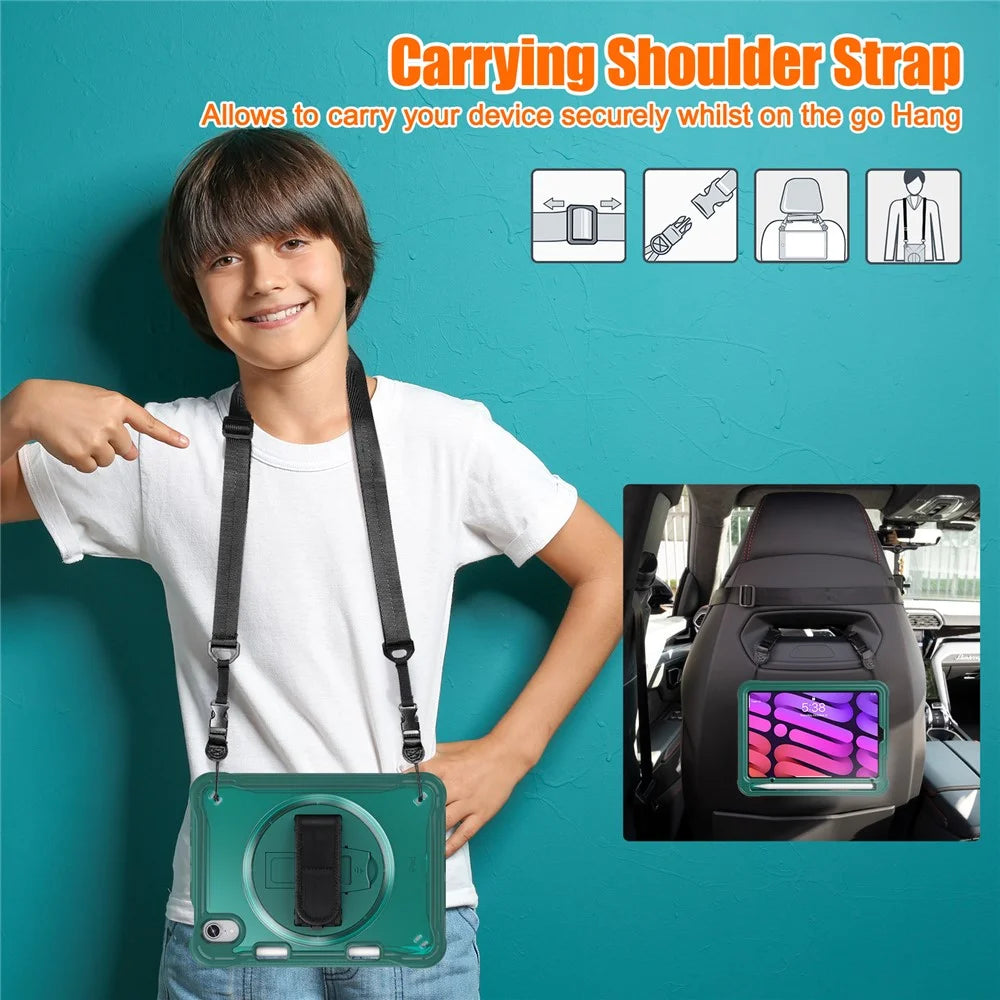 For iPad mini (2024) / mini (2021) Tablet Case PC+TPU Kickstand Cover with Shoulder Strap / Hand Strap - Midnight Green - 5
