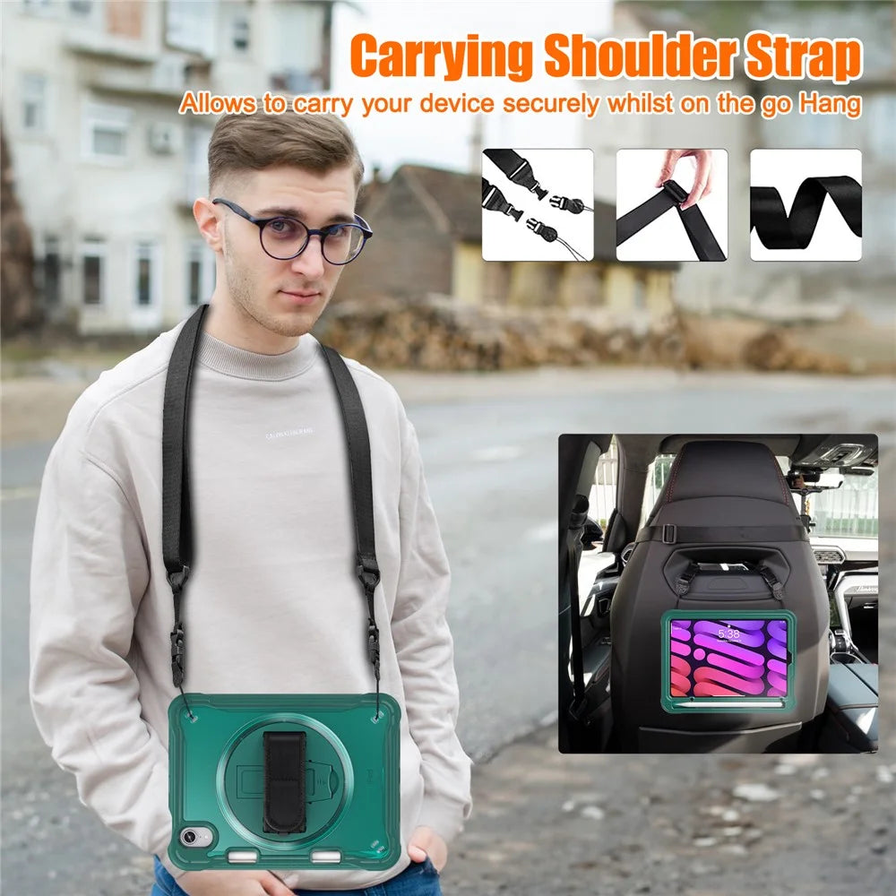 For iPad mini (2024) / mini (2021) Tablet Case PC+TPU Kickstand Cover with Shoulder Strap / Hand Strap - Midnight Green - 6