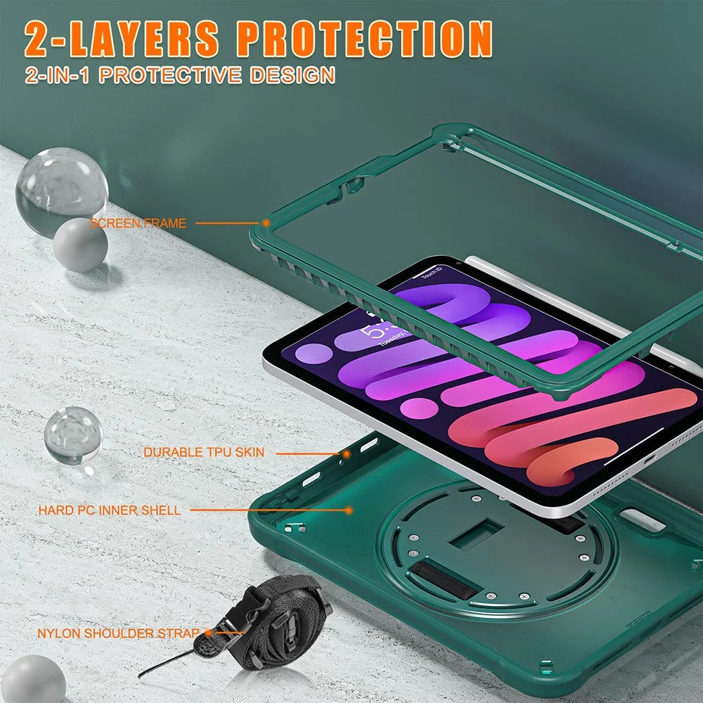For iPad mini (2024) / mini (2021) Tablet Case PC+TPU Kickstand Cover with Shoulder Strap / Hand Strap - Midnight Green - 7