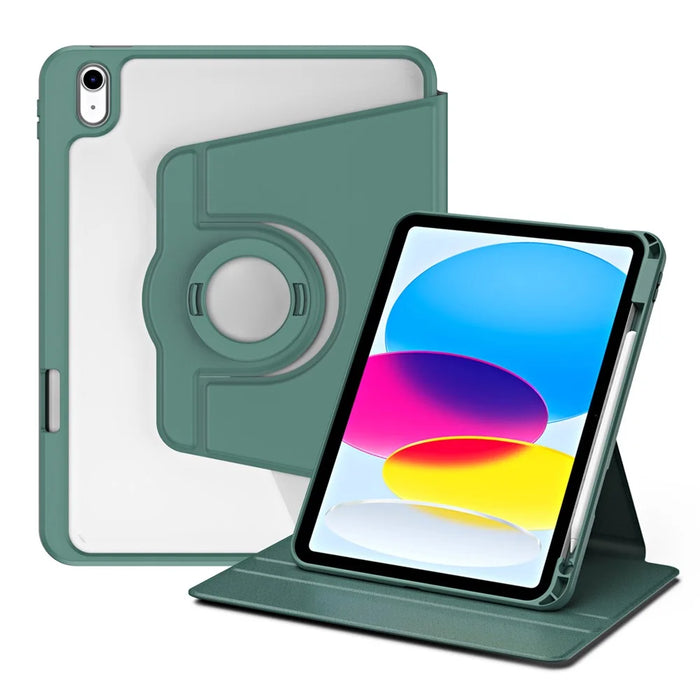 For iPad (2025) / 10.9 (2022) Smart Cover PU Leather+Acrylic Rotary Kickstand Protective Tablet Case - Midnight Green - 1