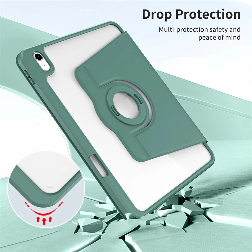 For iPad (2025) / 10.9 (2022) Smart Cover PU Leather+Acrylic Rotary Kickstand Protective Tablet Case - Midnight Green - 4