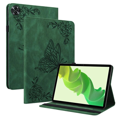 Tablet Case for Realme Pad 2 PU Leather Cover Butterfly Flower Imprinted Card Holder Shell - Green - 1
