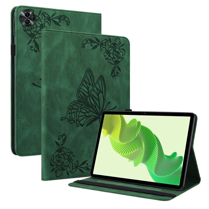 Tablet Case for Realme Pad 2 PU Leather Cover Butterfly Flower Imprinted Card Holder Shell - Green - 1
