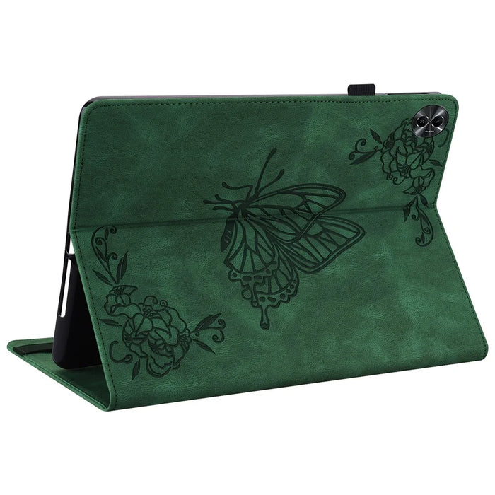 Tablet Case for Realme Pad 2 PU Leather Cover Butterfly Flower Imprinted Card Holder Shell - Green - 4