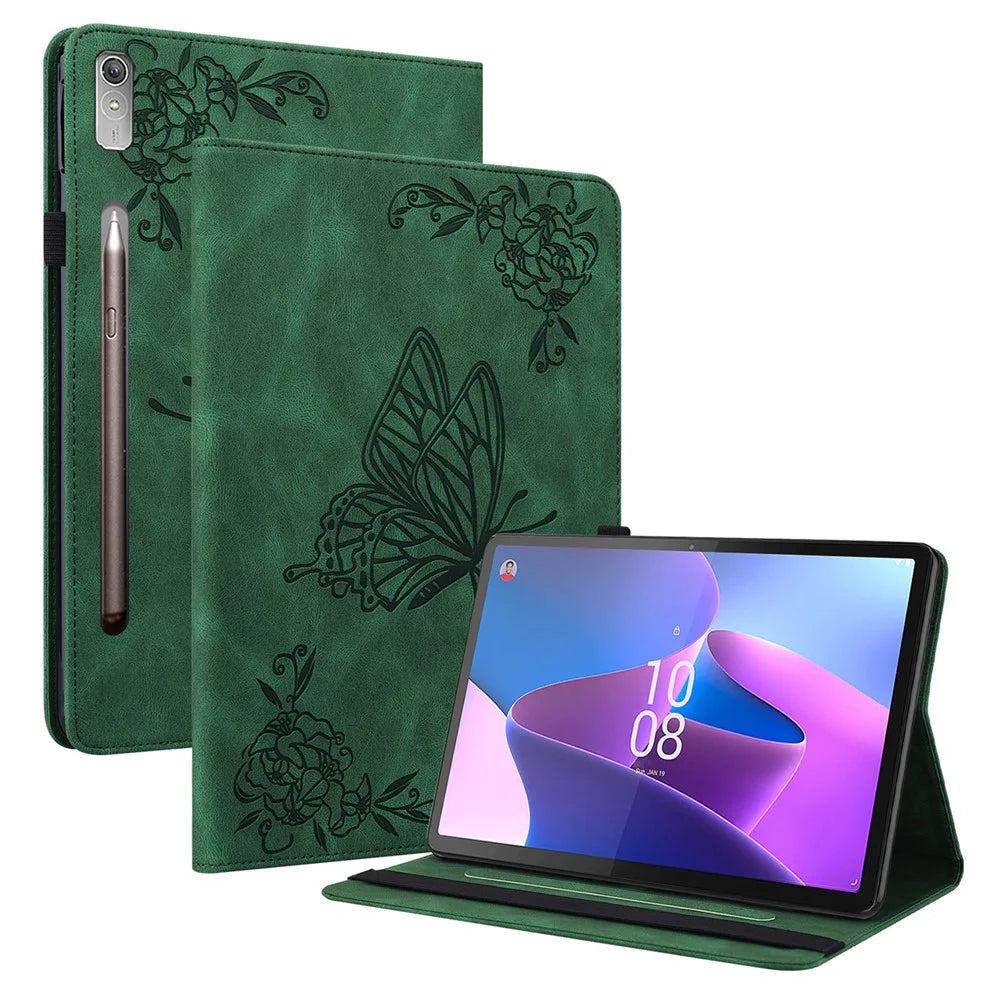 For Lenovo Tab P12 Case Butterfly Flower Imprinted PU Leather Stand Tablet Cover - Green - 1