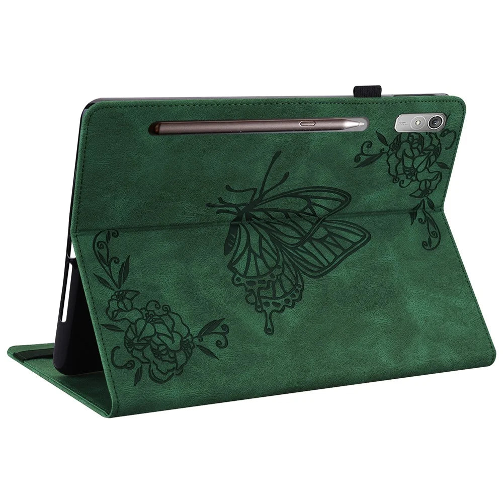 For Lenovo Tab P12 Case Butterfly Flower Imprinted PU Leather Stand Tablet Cover - Green - 4