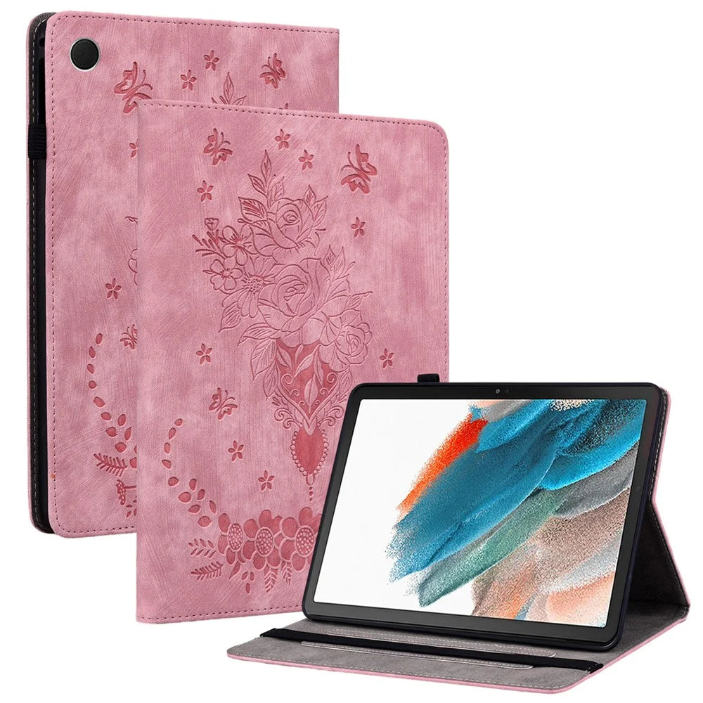 For Samsung Galaxy Tab A11 / A9 PU Leather Cover Butterfly Rose Imprint Card Holder Tablet Case - Pink - 1