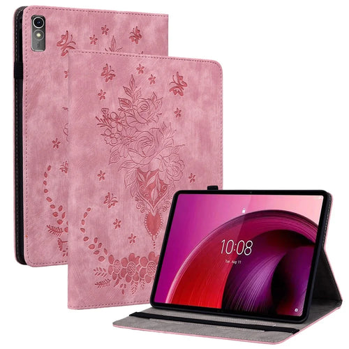 For Lenovo Tab M10 5G Leather Cover Butterfly Rose Imprinted Tablet Stand Case - Pink - 1
