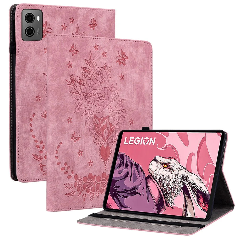 For Lenovo Legion Y700 (2023) / Tab Gen 2 Leather Case Butterfly Rose Imprint Card Slots Tablet Cover - Pink - 1