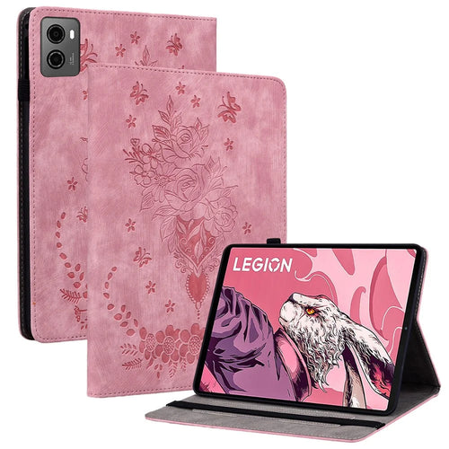 For Lenovo Legion Y700 (2023) / Tab Gen 2 Leather Case Butterfly Rose Imprint Card Slots Tablet Cover - Pink - 1