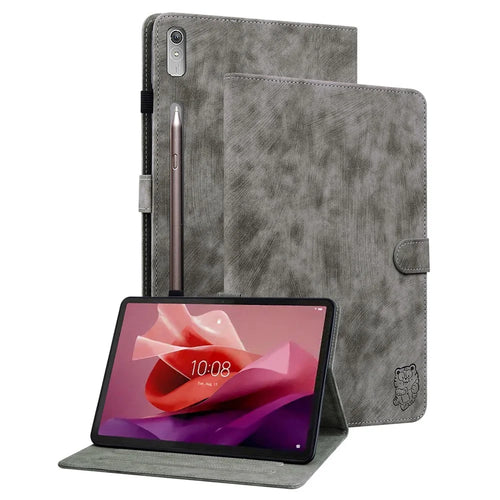For Lenovo Tab P12 Leather Case Cute Tiger Imprinted PU Leather Card Holder Tablet Cover - Grey - 1
