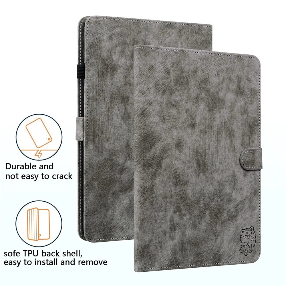 For Lenovo Tab P12 Leather Case Cute Tiger Imprinted PU Leather Card Holder Tablet Cover - Grey - 7