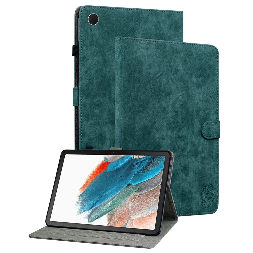 For Samsung Galaxy Tab A9 Leather Cover Cute Tiger Imprint Adjustable Stand Tablet Case - Green - 1