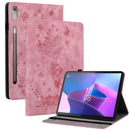 For Lenovo Tab P12 Tablet Cover PU Leather Card Holder Butterfly Rose Imprinted Case - Pink - 1