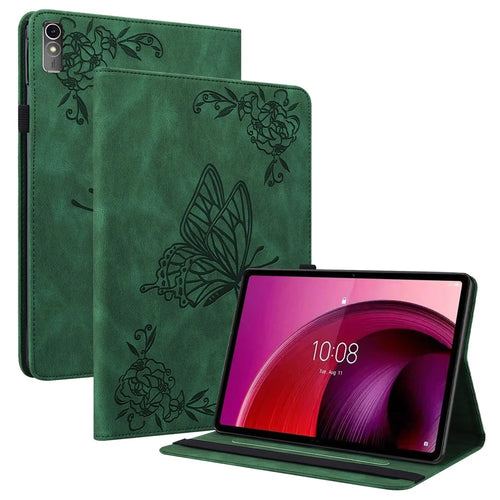 For Lenovo Tab M10 5G PU Leather Case Stand Card Holder Imprinted Tablet Cover - Green - 1