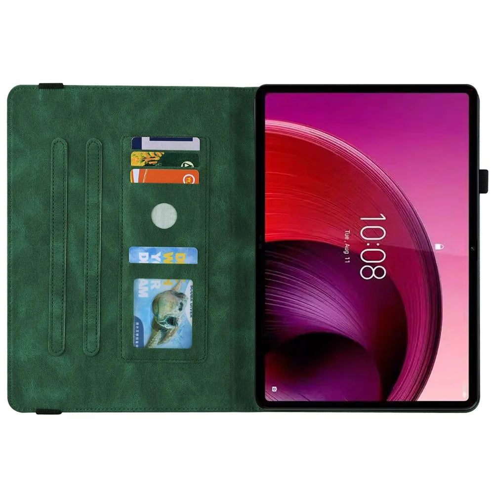 For Lenovo Tab M10 5G PU Leather Case Stand Card Holder Imprinted Tablet Cover - Green - 2