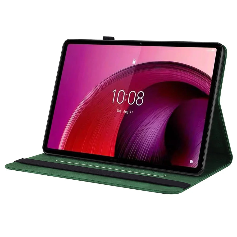 For Lenovo Tab M10 5G PU Leather Case Stand Card Holder Imprinted Tablet Cover - Green - 3