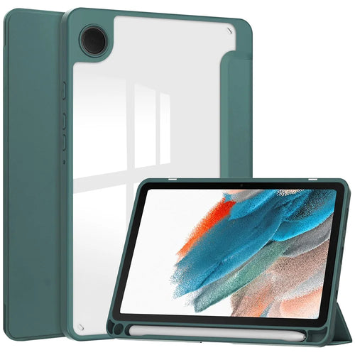 For Samsung Galaxy Tab A11 / A9 Case PU+TPU+Acrylic Clear Back Tablet Cover with Pen Slot - Green - 1