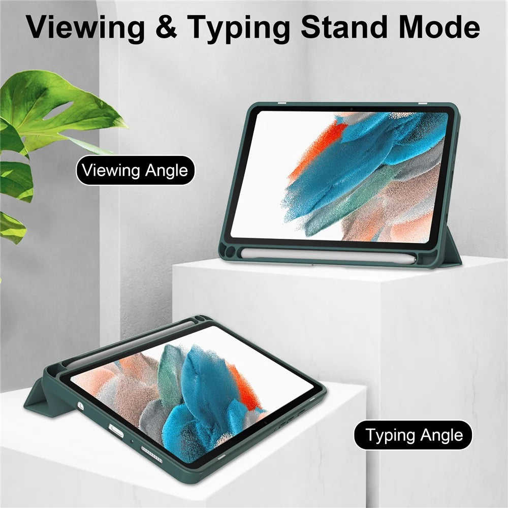 For Samsung Galaxy Tab A11 / A9 Case PU+TPU+Acrylic Clear Back Tablet Cover with Pen Slot - Green - 3
