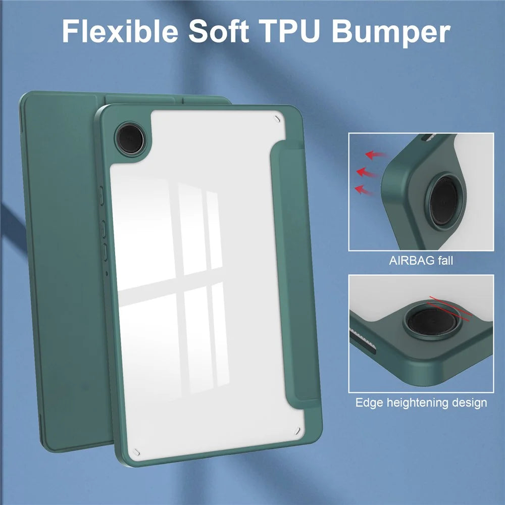 For Samsung Galaxy Tab A11 / A9 Case PU+TPU+Acrylic Clear Back Tablet Cover with Pen Slot - Green - 5