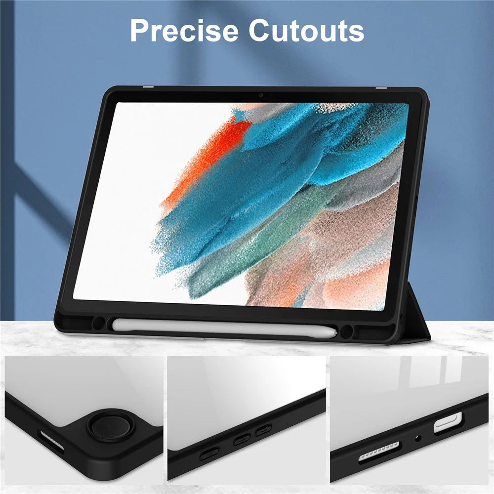 Clear Back Cover for Samsung Galaxy Tab A9+ PU+TPU+Acrylic Tablet Case with Pen Slot - Black - 4