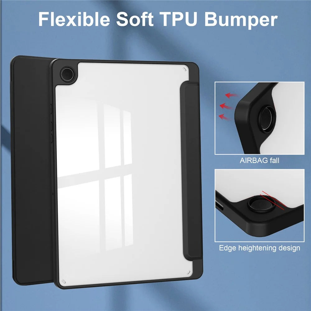 Clear Back Cover for Samsung Galaxy Tab A9+ PU+TPU+Acrylic Tablet Case with Pen Slot - Black - 5