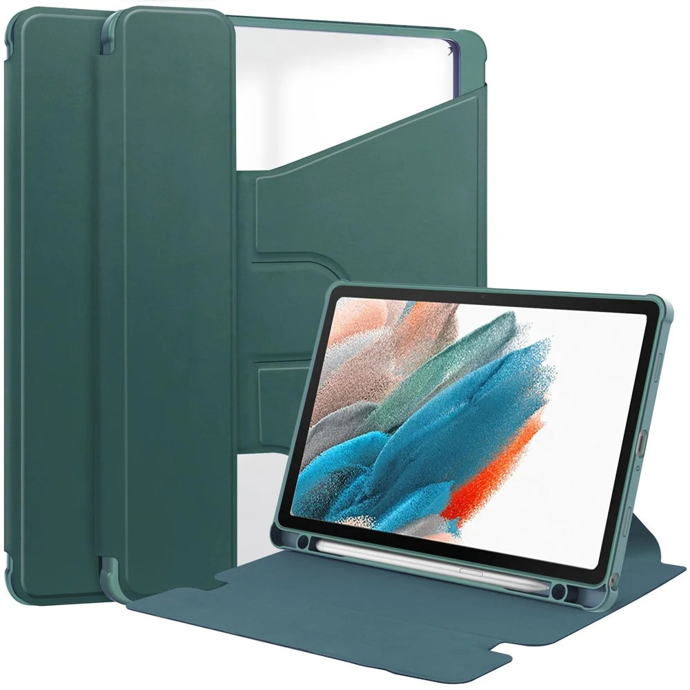 For Samsung Galaxy Tab A9+ Tablet Case 360-Degree Rotating Stand PU+Acrylic Cover (without Keyboard) - Blackish Green - 1
