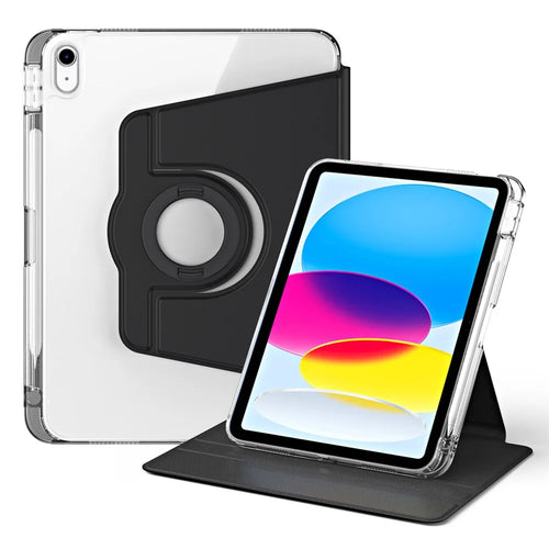 For iPad (2025) / 10.9 (2022) Protective Case PU Leather+Acrylic Rotary Kickstand Tablet Cover - Black - 1