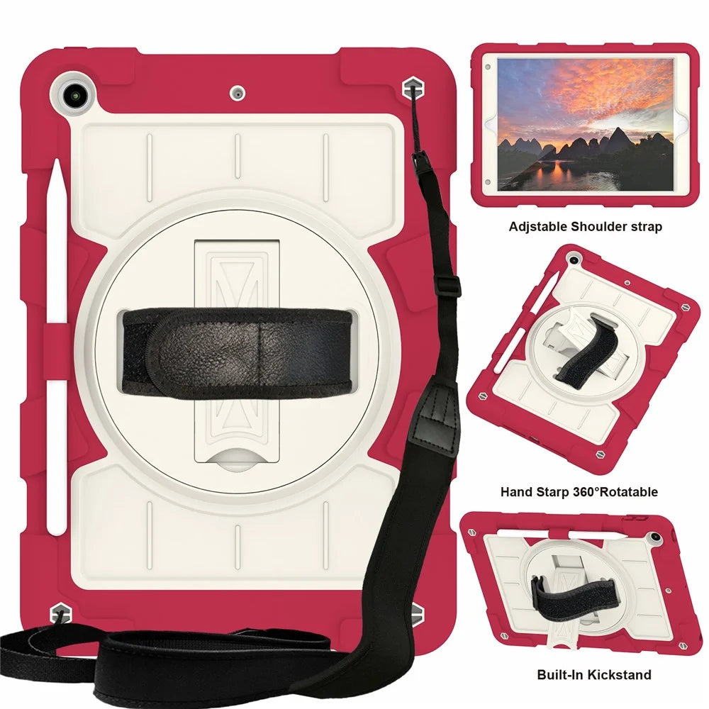 For iPad 10.2 (2021) / (2019) / (2020) TPU+PC Tablet Case Rotating Shockproof Kickstand Cover with Strap - Red - 3