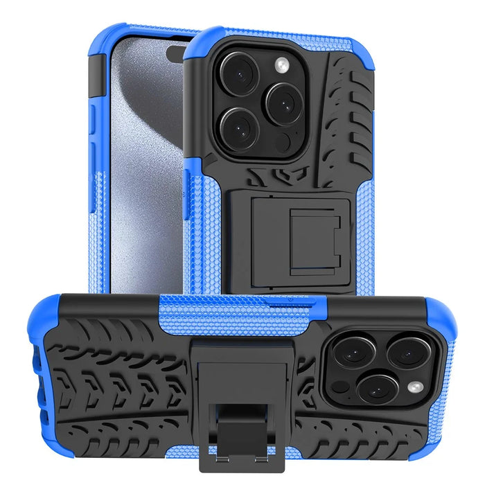 For iPhone 15 Pro PC+TPU Phone Case Tire Texture Anti-Slip Kickstand Cover - Blue - 1
