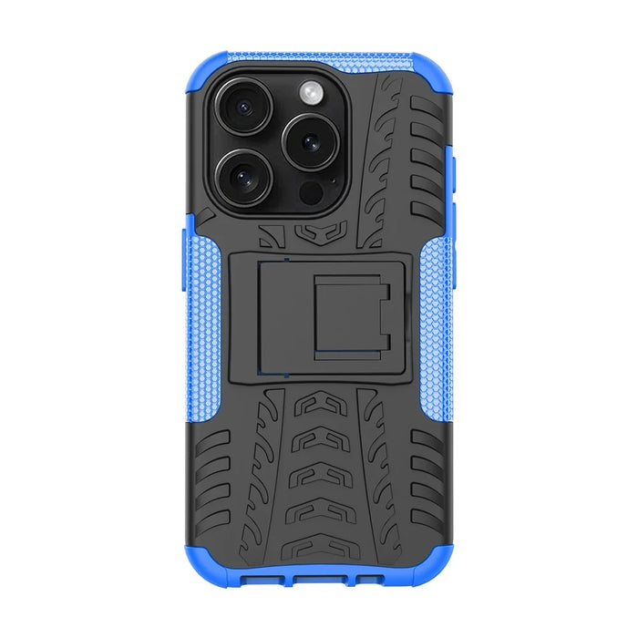 For iPhone 15 Pro PC+TPU Phone Case Tire Texture Anti-Slip Kickstand Cover - Blue - 2